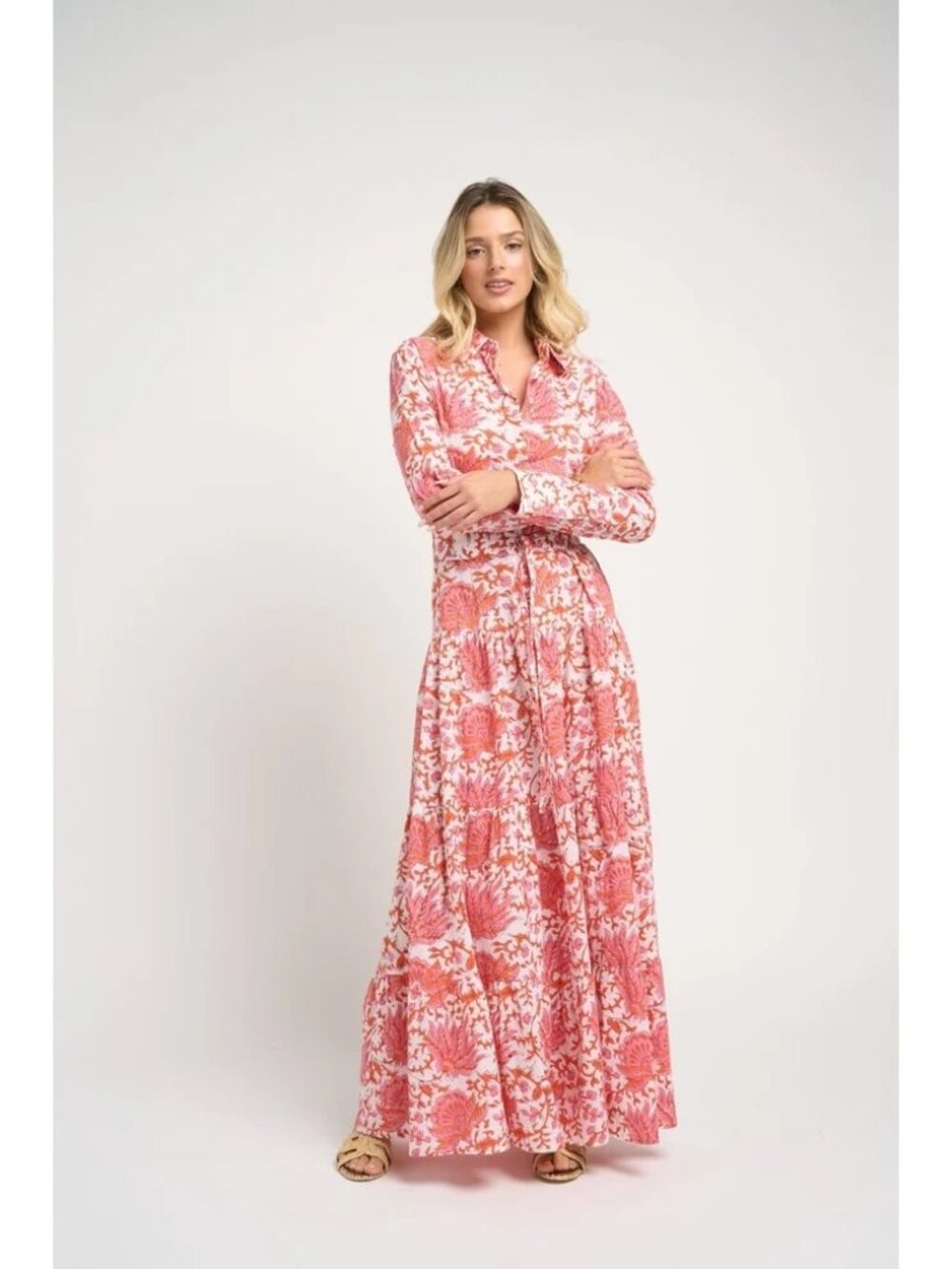 Guadalupe Meredith Floral Print Maxi Dress Coral Size XS Bohemian Romantic Boho